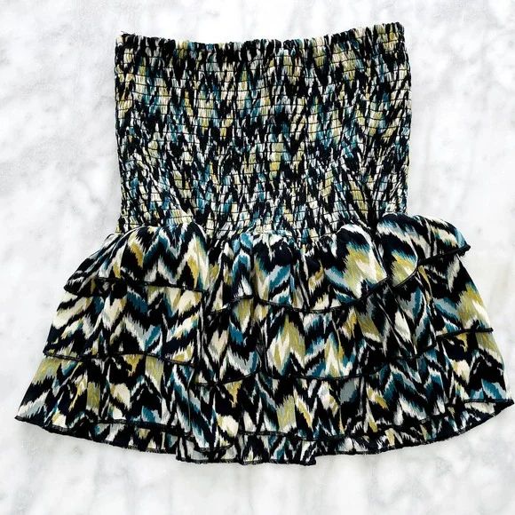 Olivaceous Smock Ruffle Tier Mini Skirt Aztec Green Black Medium NEW Stretch - Picture 3 of 4